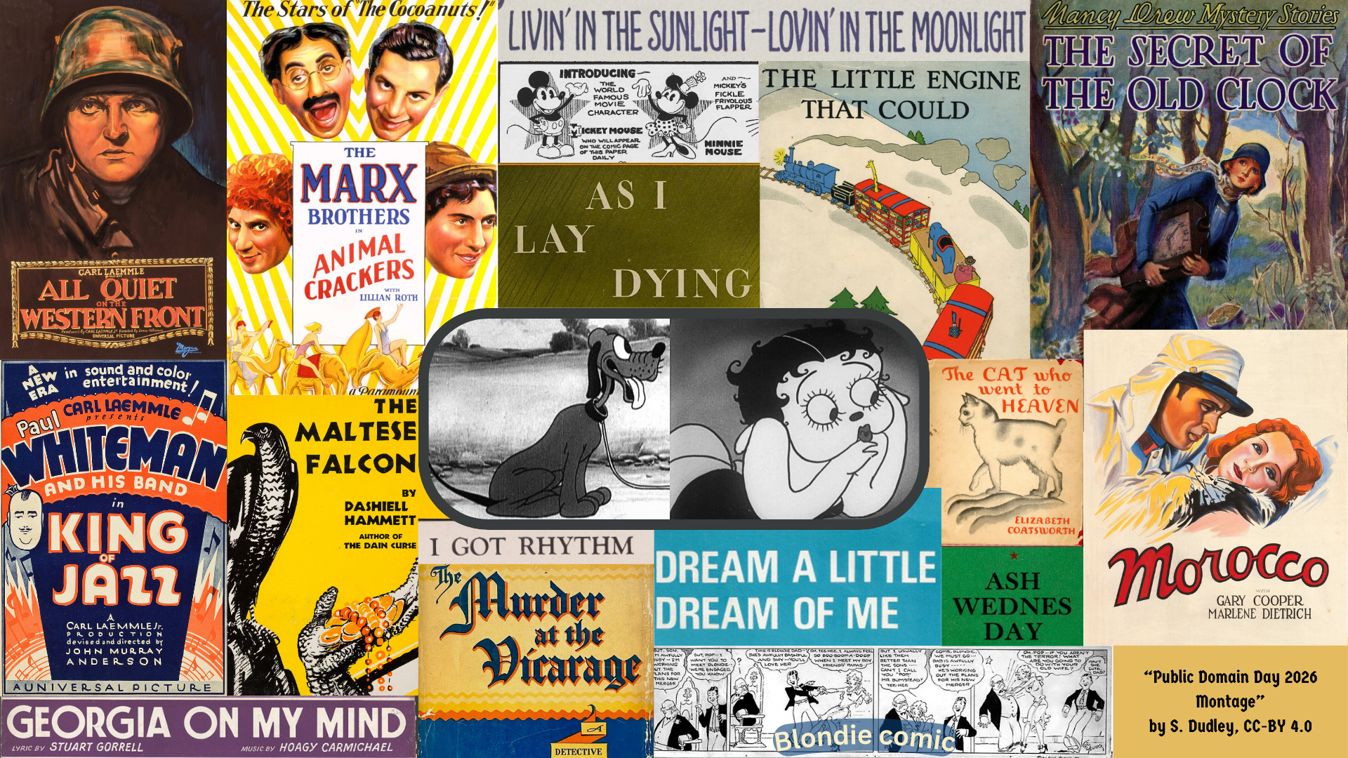 A colorful collage of vintage cultural works from 1930 celebrating Public Domain Day 2026. There are movie posters, film stills, book covers, and other cultural artifacts.